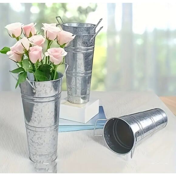 2pcs Galvanized Metal Flower Vases Buckets Floral Decor Rustic Farmhouse Style - Picture 2 of 4